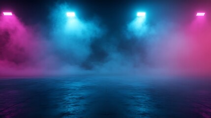 Empty stage with neon lights, smoke and spotlights. Abstract background