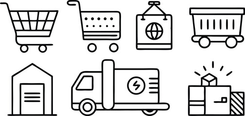 Minimalist Shopping and Delivery Icons — Dollar Sign, Trolley, Package, Warehouse, and Shipping Symbols

