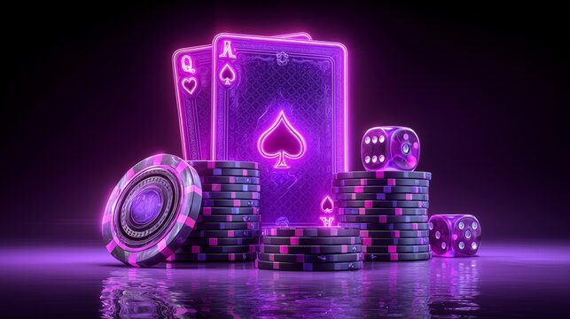 purple neon casino scene with glowing cards and chips on dark background