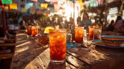mexican fiesta at golden hour with micheladas and festive colorful table setting