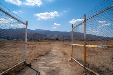 Fototapeta premium Open Gate Leading to Barren Land with Mountainous Background