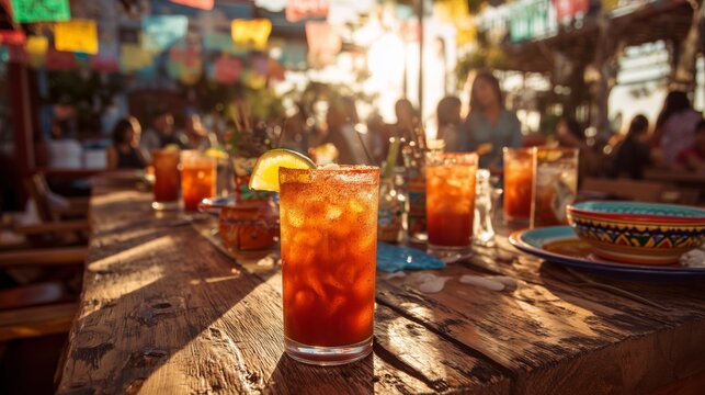 mexican fiesta at golden hour with micheladas and festive colorful table setting - Powered by Adobe