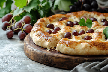 Traditional Italian Schiacciata pie with grapes and fresh bunches, light background showcasing this classic homemade dessert