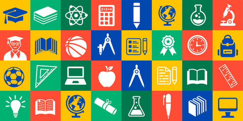 back to school education geometric shape college pattern background. A vibrant collection of minimalist white silhouette icons representing various academic subjects, school supplies, and learning. © Neelrong