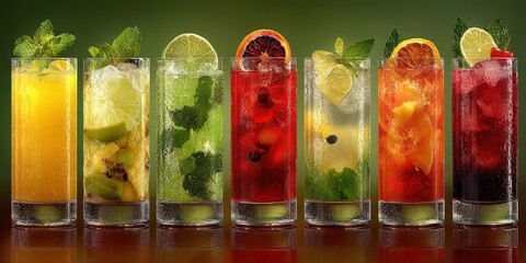 Colorful refreshing drinks lined up on a bar, showcasing a variety of fruits and garnishes in vibrant glasses