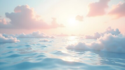 Obraz premium Serene sunset beach scene with soft pastel clouds reflecting on the calm water. Ideal for travel, relaxation, and nature themes.