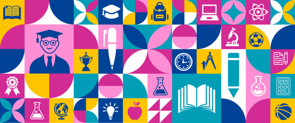 back to school education geometric shape college pattern background. A vibrant collection of minimalist white silhouette icons representing various academic subjects, school supplies, and learning.