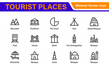 Tourist Destinations Icon Collection – Vector, Line Art, and Minimal Outline Illustrations for Famous Landmarks, Attractions, and Vacation Travel Designs