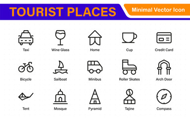 Tourist Destinations Icon Collection – Vector, Line Art, and Minimal Outline Illustrations for Famous Landmarks, Attractions, and Vacation Travel Designs
