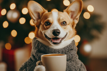 Dog in a suit in the morning with a cup of coffee or tea. Happy New Year greetings from a dog. Christmas card from a dog.