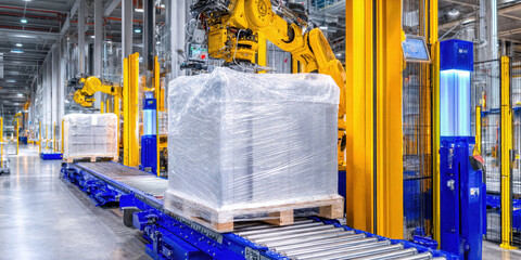 Robotic arm lifting wrapped pallet in modern factory