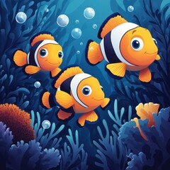 Fototapeta premium Clownfish swimming gracefully in a vibrant underwater coral reef habitat during a sunny day