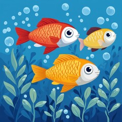 Naklejka premium Colorful fish swimming in an underwater scene with bubbles and aquatic plants in a tranquil setting
