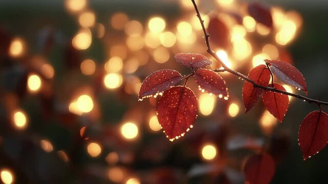 A close-up view of a red leaf with water droplets, shimmering in golden light, representing the beauty of nature and autumn.