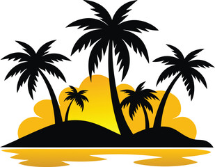 Beach vector art illustration. Tropical beach scenes set. Caribbean landscape at sunset vector design. Idyllic paradise with palm trees and surfboards in circle vector illustration. 