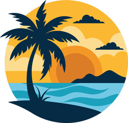 Beach vector art illustration. Tropical beach scenes set. Caribbean landscape at sunset vector design. Idyllic paradise with palm trees and surfboards in circle vector illustration. 