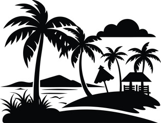 Beach vector art illustration. Tropical beach scenes set. Caribbean landscape at sunset vector design. Idyllic paradise with palm trees and surfboards in circle vector illustration. 