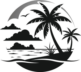 Beach vector art illustration. Tropical beach scenes set. Caribbean landscape at sunset vector design. Idyllic paradise with palm trees and surfboards in circle vector illustration. 