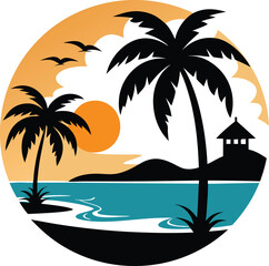 Beach vector art illustration. Tropical beach scenes set. Caribbean landscape at sunset vector design. Idyllic paradise with palm trees and surfboards in circle vector illustration. 