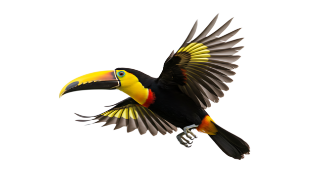 Vibrant YellowThroated Toucan Soaring with Open Wings Displaying Feather Details