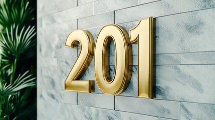 Gold 201 room number sign mounted on a modern marble tile wall with green plant leaves nearby.