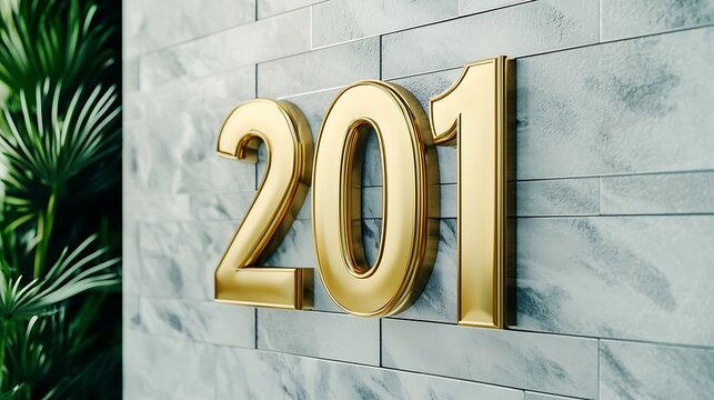 Gold 201 room number sign mounted on a modern marble tile wall with green plant leaves nearby.