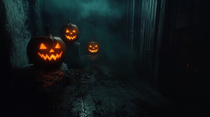 Naklejka premium Spooky Halloween Night: Jack-o'-lanterns Illuminate a Dark Alley