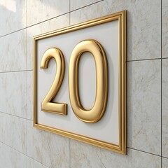 A gold-framed number 20 sign is mounted on a tiled wall, indicating a room or floor number in a building.