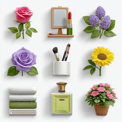 Colorful Still Life Flowers, Art Supplies, and Perfume on White