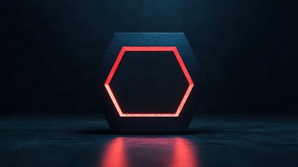 A glowing red hexagon with a futuristic look stands on a dark, reflective surface, illuminated with dramatic lighting.