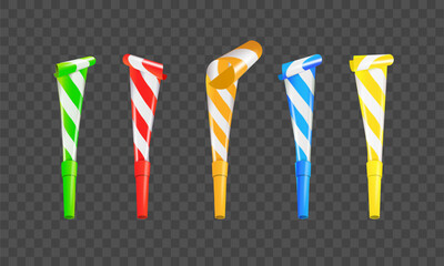 Color Party Blower Whistles Set of Celebration Happy Party. Realistic Detailed 3d. Vector
