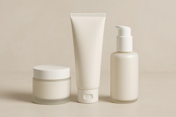 Elegant skincare packaging mockup featuring a cream jar a squeeze tube and a pump bottle ideal for cosmetic branding and beauty product presentation