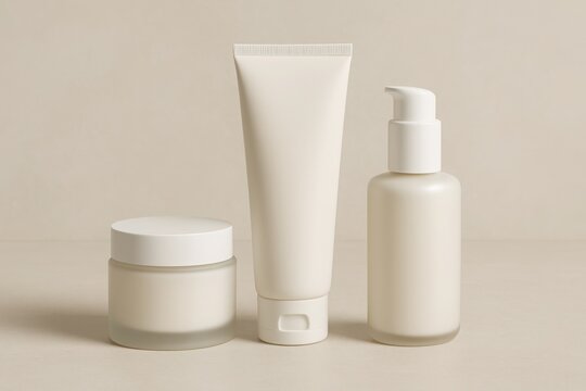 Elegant skincare packaging mockup featuring a cream jar a squeeze tube and a pump bottle ideal for cosmetic branding and beauty product presentation