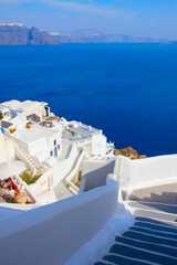 steep step and greek vases , beautiful details of Santorini island, Greece