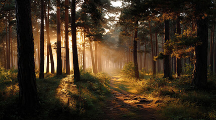 Obraz premium Sunlight streaming through a dense forest with tall trees and a winding path creating a serene and magical atmosphere perfect for nature lovers and outdoor enthusiasts