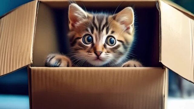 Ein getigertes Katzenbaby sitzt in einem Schuhkarton und schaut mit gro&szlig;en Augen aus der &Ouml;ffnung