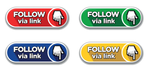 Follow via link buttons set. Social network symbol in flat style different colors with shadow. Vector on transparent background