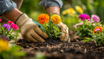 Fototapeta premium A person is planting flowers in the garden, wearing gardening gloves and turning over the soil to create new flower beds. The sun is shining brightly behind them,