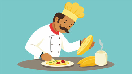 A chef meticulously arranging slices of ripe plantains and creamy crema on a baleada elevating the dish to a gourmet level.. Vector illustration
