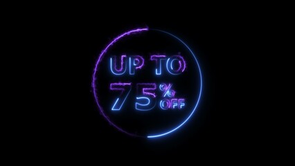Abstract 75% Percent Off neon bright Flat Style Banner Sticker Label Popup Promotional purple color 4k illustration. Purple color circle 75% OFF, Sale, Discounts, Special Offers etc. Black background.