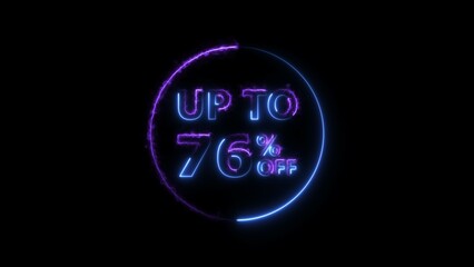 Abstract 76% Percent Off neon bright Flat Style Banner Sticker Label Popup Promotional purple color 4k illustration. Purple color circle 76% OFF, Sale, Discounts, Special Offers etc. Black background.