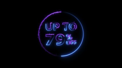 Abstract 79% Percent Off neon bright Flat Style Banner Sticker Label Popup Promotional purple color 4k illustration. Purple color circle 79% OFF, Sale, Discounts, Special Offers etc. Black background.