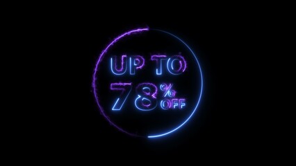 Abstract 78% Percent Off neon bright Flat Style Banner Sticker Label Popup Promotional purple color 4k illustration. Purple color circle 78% OFF, Sale, Discounts, Special Offers etc. Black background.