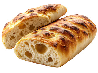 Naklejka premium Artisan Baked Bread Display: Showcasing a meticulously artisan bread, split in half, emphasizing its airy texture, blistered crust, and enticing taste.