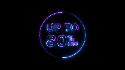 Abstract 80% Percent Off neon bright Flat Style Banner Sticker Label Popup Promotional purple color 4k illustration. Purple color circle 80% OFF, Sale, Discounts, Special Offers etc. Black background.