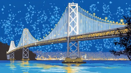 Fototapeta premium Vibrant illustration of a bridge lit by colorful reflections at night.