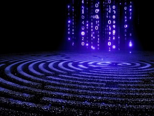 Fototapeta premium Digital abstract with swirling patterns and binary code streams.