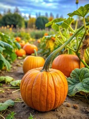 Obraz premium Mature pumpkin plant in a garden with several vines and large orange pumpkins