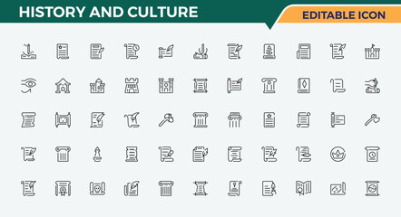 History And Culture icon set. It contains symbols to artist, sculpture, art, historical, film, music, paint and more. Modern vector illustration. Editable vector art. Picture icon set.