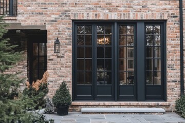 Naklejka premium Elegant black doors framed by brick wall and surrounding greenery showcase timeless architecture in a serene outdoor setting